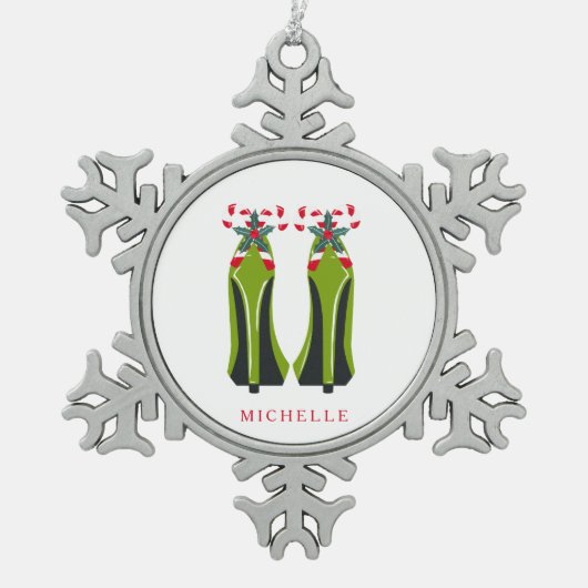 Groene Hoge Hakken met Candy Canes Tin Sneeuwvlok Ornament (Voorkant)