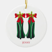 Groene hoge hakken met kerststrikken keramisch ornament (Voorkant)