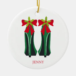 Groene hoge hakken met kerststrikken keramisch ornament