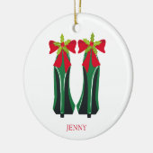 Groene hoge hakken met kerststrikken keramisch ornament (Links)