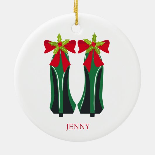 Groene hoge hakken met kerststrikken keramisch ornament (Achterkant)