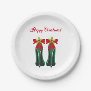Groene hoge hakken met kerststrikken papieren bordje