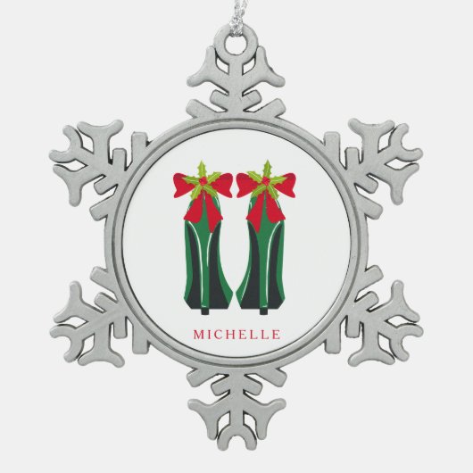 Groene hoge hakken met kerststrikken tin sneeuwvlok ornament (Voorkant)