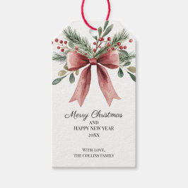 Groene Holly Berries Waterverf Red Bow Christmas Cadeaulabel