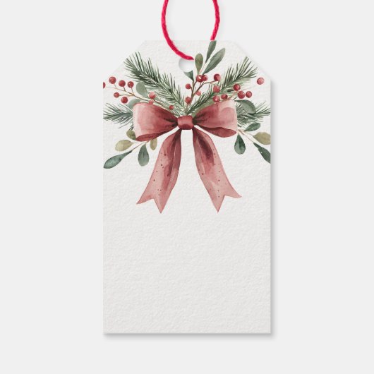 Groene Holly Berries Waterverf Red Bow Christmas Cadeaulabel (Achterkant)