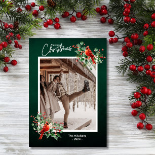 Groene Holly bessen Vrolijke Kerstmis Foto Feestdagenkaart