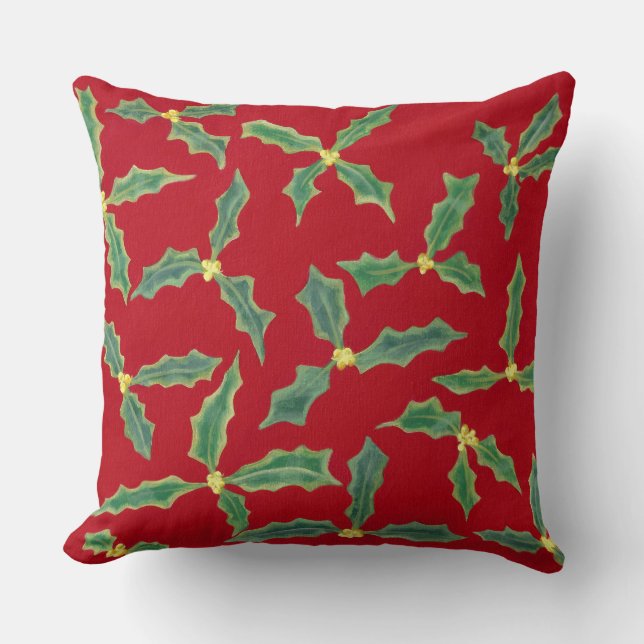 Groene Holly bladeren, gele bloemen op rode Kussen (Voorkant)