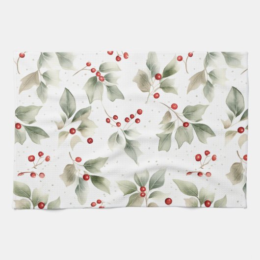 Groene Holly en rode bessen patroon Theedoek (Horizontaal)