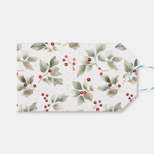 Groene Holly en rode bessen Waterverf Cadeaulabel (Voorkant (Horizontaal))