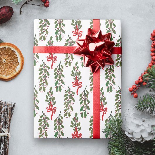 Groene Holly Garland met rode strikken Kerstmis Cadeaupapier