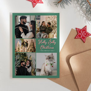 Groene Holly Jolly Kerst Vijf Foto Collage Feestdagenkaart