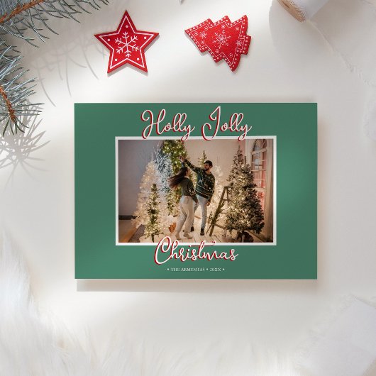 Groene Holly Jolly Kerstmis foto en brief Feestdagenkaart