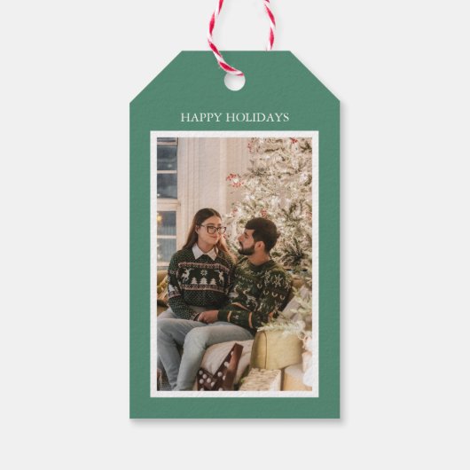 Groene Holly Jolly Kerstmis Foto en familienaam Cadeaulabel (Achterkant)