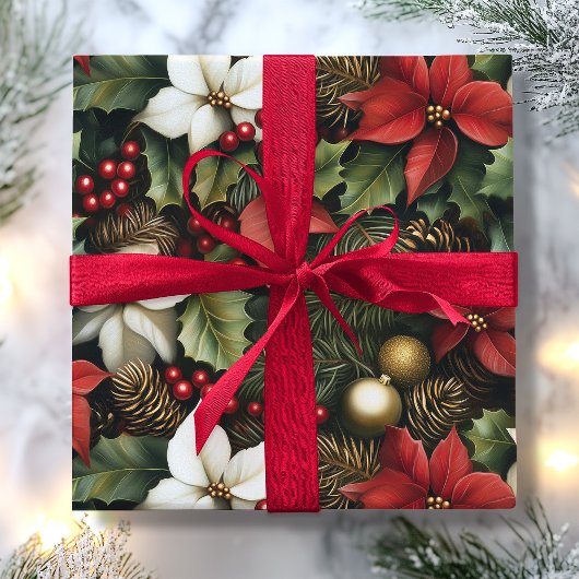 Groene Holly laat rode Poinsettia bloem Kerstmis Cadeaupapier