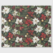 Groene Holly laat rode Poinsettia bloem Kerstmis Cadeaupapier (Vlak)