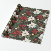 Groene Holly laat rode Poinsettia bloem Kerstmis Cadeaupapier (Uitgerold)