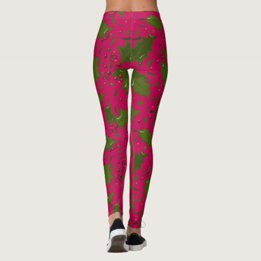 Groene Holly Leaves en Berries op Roze Leggings (Achterkant)