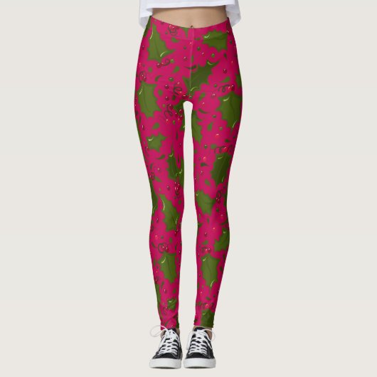 Groene Holly Leaves en Berries op Roze Leggings (Voorkant)