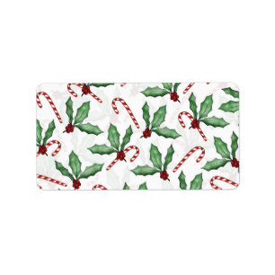 Groene Holly Leaves Red Berries Candy Cane Paint Etiket