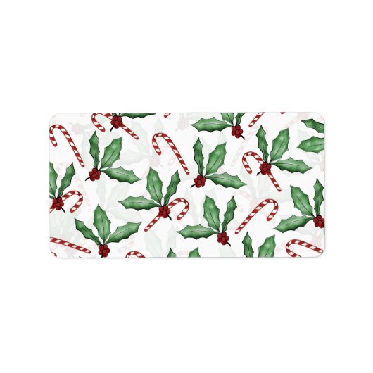 Groene Holly Leaves Red Berries Candy Cane Paint Etiket (Voorkant)