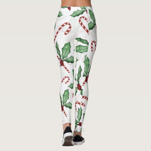 Groene Holly Leaves Red Berries Candy Cane Paint Leggings (Achterkant)