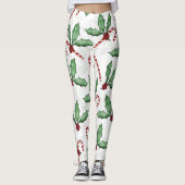 Groene Holly Leaves Red Berries Candy Cane Paint Leggings (Voorkant)