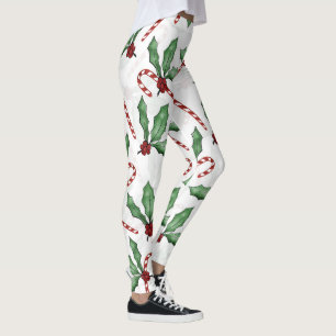 Groene Holly Leaves Red Berries Candy Cane Paint Leggings