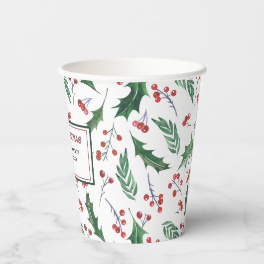 Groene Holly Red Berry Pattern-kerstkopkopjes Papieren Bekers (Achterkant)