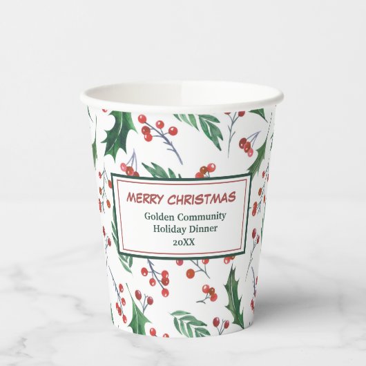 Groene Holly Red Berry Pattern-kerstkopkopjes Papieren Bekers (Links)