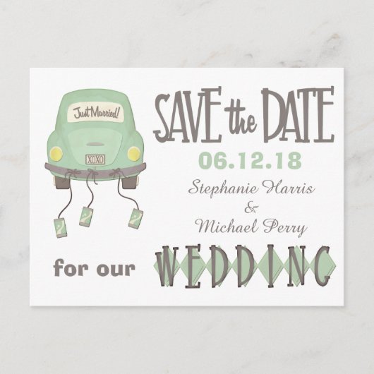 Groene Honeymoon Auto Save the Date Wedding Aankondigingskaart (Voorkant)