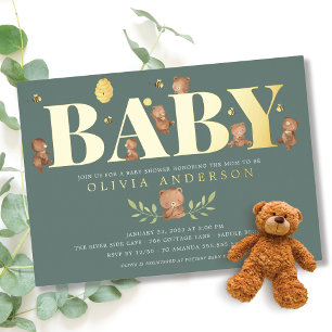 Groene honingbeer babyshower folie uitnodiging