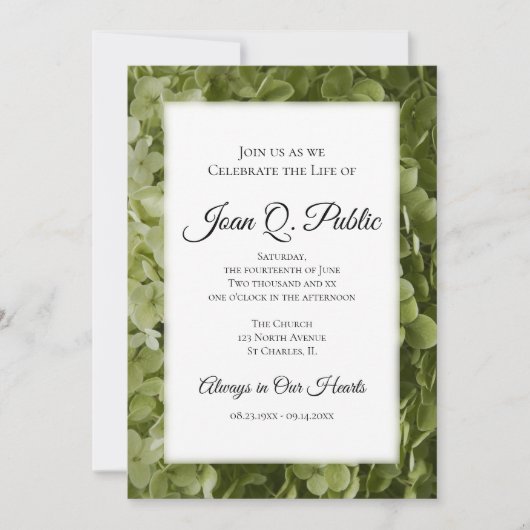 Groene hortensia bloemen viering van het leven kaart (Voorkant)