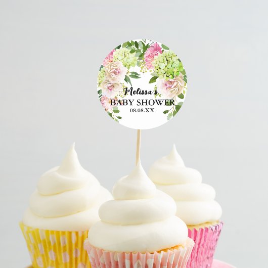 Groene hortensia roze florals cupcake toppers ronde sticker