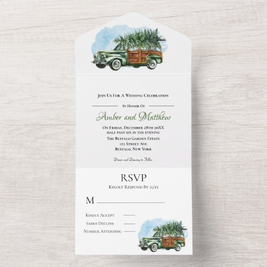  groene houten auto - kerstbruiloft all in one uitnodiging (Binnen)