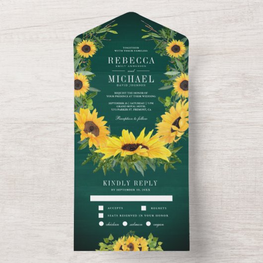 Groene Houten Landelijke Zonnebloemen Bruiloftsgar All In One Uitnodiging (Binnen)