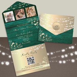 Groene Houten Rustieke Slingerlichten Trouw QR-cod All In One Uitnodiging