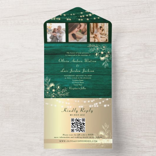 Groene Houten Rustieke Strijklichten Huwelijk QR C All In One Uitnodiging (Binnen)