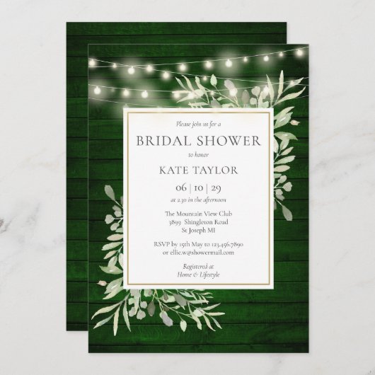 Groene houten slingerlichten groenbruiloft kaart (Voorkant / Achterkant)