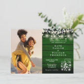 Groene houten slingerlichten potten bloemfotoweddi kaart (Staand voorkant)