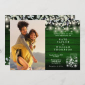 Groene houten slingerlichten potten bloemfotoweddi kaart (Voorkant / Achterkant)