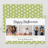 Groene Huisdier Paws Foto Gelukkig Halloween Feestdagenkaart (Voorkant / Achterkant)