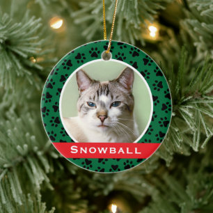 Groene huisdierpootafdrukken Persoonlijke kattenna Keramisch Ornament