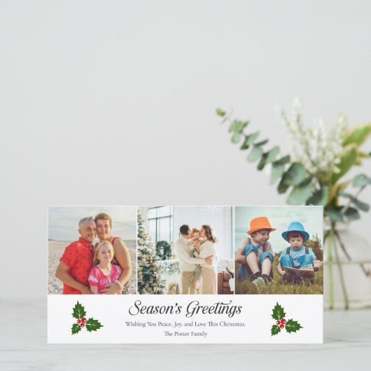 Groene hulst en rode bessen foto kerstkaart (Staand voorkant)