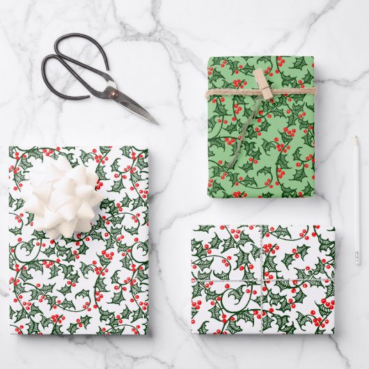 Groene Hulst met Rode Bessen Rustic Inpakpapier Vel (Voorkant)