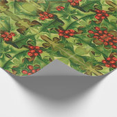 Groene Hulstblaadjes Rode Bessen Oud Kerstmis Cadeaupapier (Hoek)