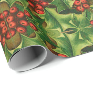 Groene Hulstblaadjes Rode Bessen Oud Kerstmis Cadeaupapier