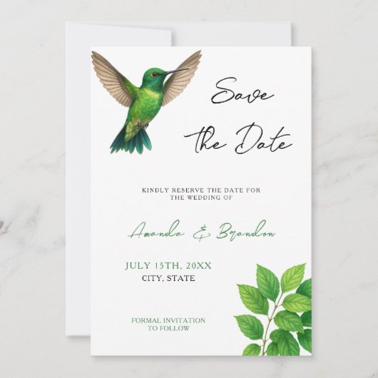 Groene Hummingbird Leafy Botanische grens bruiloft Save The Date (Voorkant)
