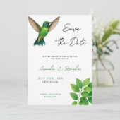 Groene Hummingbird Leafy Botanische grens bruiloft Save The Date (Staand voorkant)