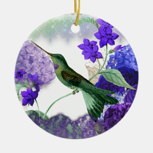 Groene Hummingbird, Serenity Prayer, paarse bloeme Keramisch Ornament (Voorkant)