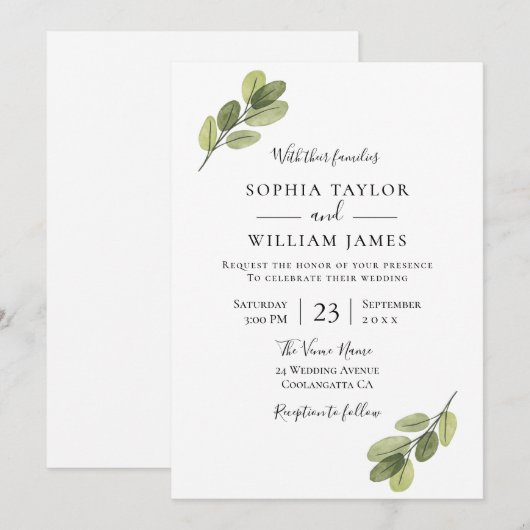 Groene Huwelijk: Elegant Blad Huwelijk Kaart (Voorkant / Achterkant)